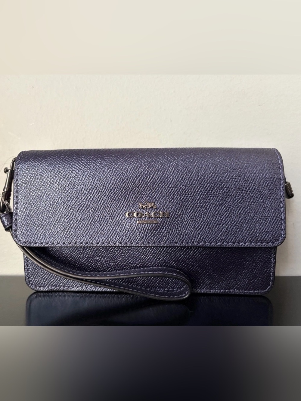 COACH Metallic Leather ColorBlock Foldover Double Phone Wristlet Navy/Pink/Teal